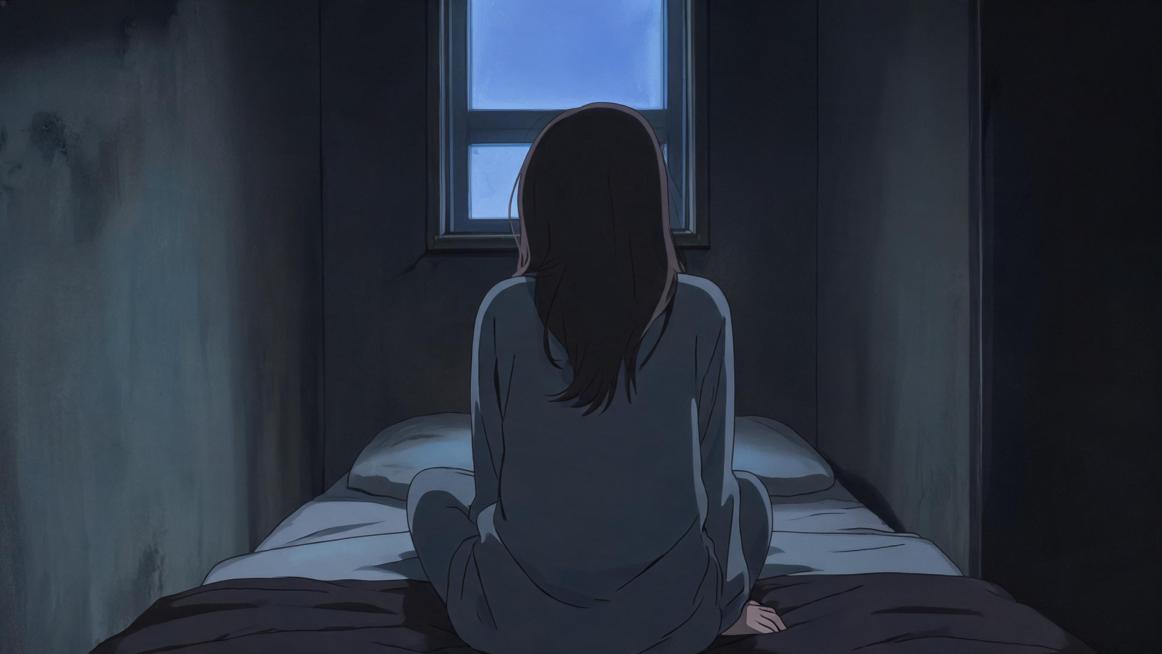 2D 手绘动画，一个女孩坐在狭窄黑暗房间的床边，视角从后面向前，肩膀下垂，姿态疲惫，窗外透出的微弱寒光，画面色调灰暗，营造出忧郁的氛围预览效果