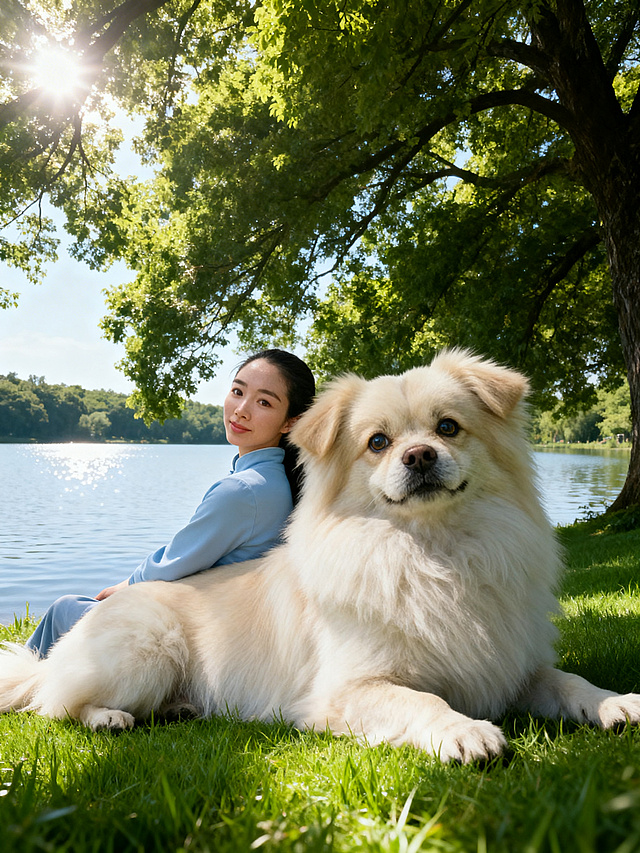 清新自然的湖畔光影，轻拟物风与实景感交融，女孩与萌犬共度温馨时光，水彩般的柔和色调透出文艺唯美感。