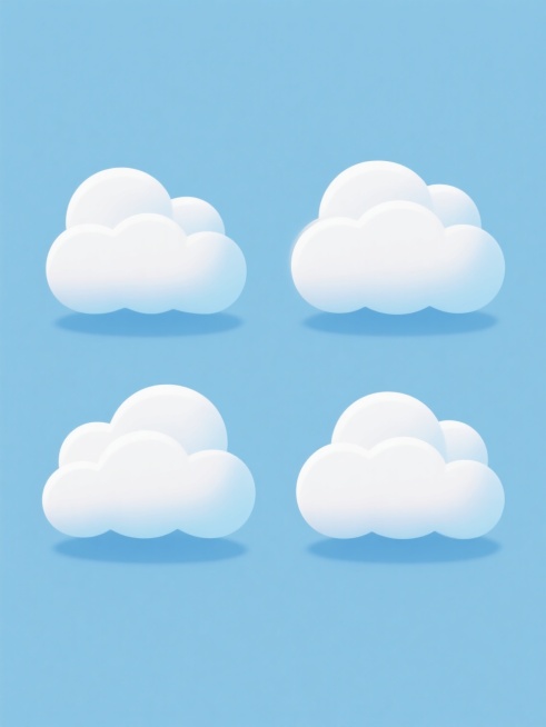 一套6个造型和角度各不相同的云朵图标集合，保持原有的卡通风格，云朵轮廓圆润，边缘柔和，内部有分层的白色渐变，底部带有浅蓝色阴影，使用纯色背景，整体色彩变换为统一的柔和蓝色调，所有云朵规整排布在画面中预览效果
