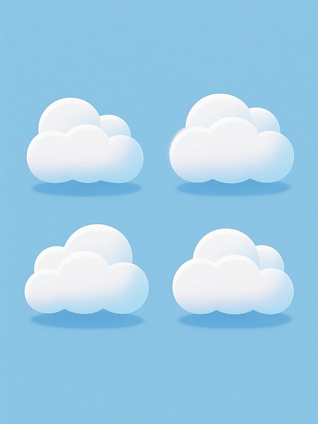 一套6个造型和角度各不相同的云朵图标集合，保持原有的卡通风格，云朵轮廓圆润，边缘柔和，内部有分层的白色渐变，底部带有浅蓝色阴影，使用纯色背景，整体色彩变换为统一的柔和蓝色调，所有云朵规整排布在画面中