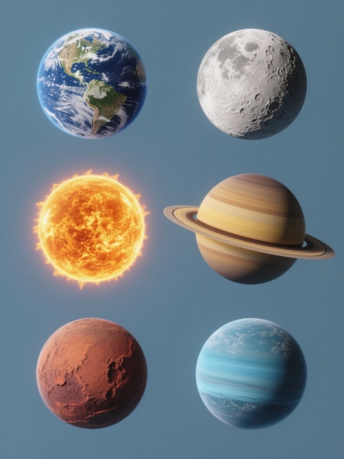 6个高度写实的星球在纯色背景上以规整网格排布的系列集合，每个星球保持与原图一致的3D质感、细腻表面纹理和光影效果但具有不同色调：地球呈现蓝白相间的海洋与云层覆盖，月球为灰白陨石坑表面，太阳是炽热的橙黄色光球，土星拥有棕黄色条纹与光环，火星呈红棕色地表，天王星为青蓝色冰巨星，所有星球均为球形且表面细节丰富，整体风格统一且色彩鲜明。预览效果