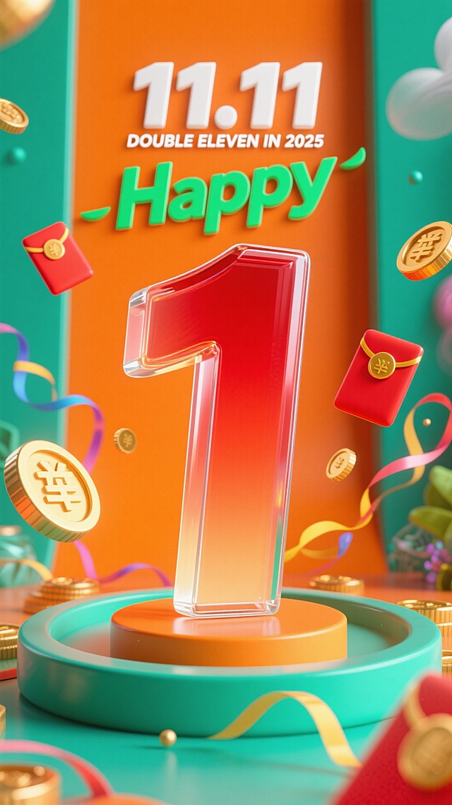 红色渐变磨砂玻璃质感数字 “1”，背景为橙色。顶部设置白色 “11.11” 数字与 “DOUBLE ELEVEN IN 2025” 文字，搭配绿色 “Happy” 标识，数字周围装饰金币、红包、彩带元素，促销氛围