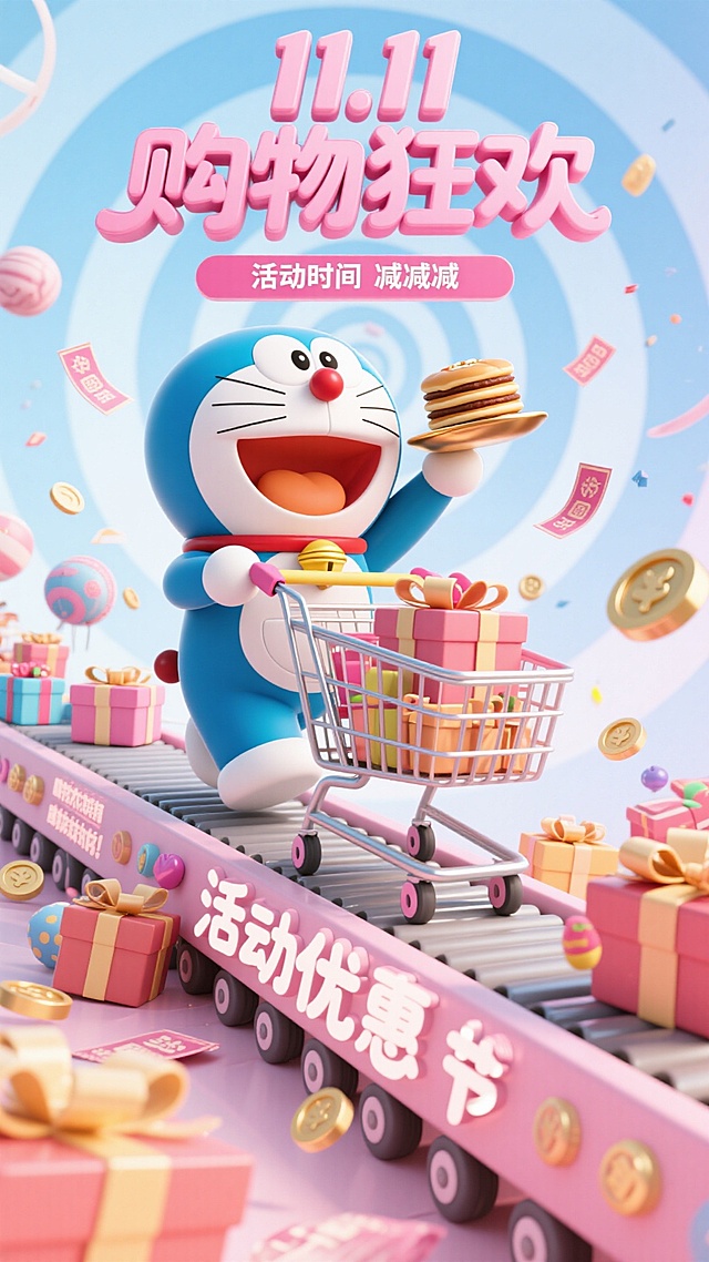 软3D风卡通形象，哆啦A梦推购物车满载礼物，粉色梦幻场景搭配波普色彩，营造可爱喜庆的双十一促销氛围，微缩艺术感十足。