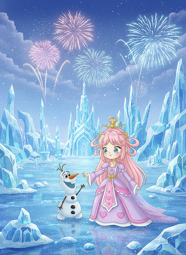 梦幻感十足的冰雪王国，可爱卡通少女与雪人共舞，插画风结合软3D质感，水彩晕染背景搭配粒子烟花，营造冬日童话氛围。