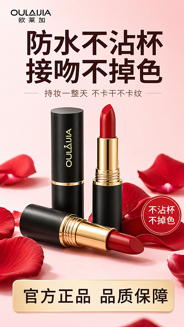 [第1屏] 详情页头图-不沾杯防水口红新品宣传海报。保持产品外观：黑色管身、金色中箍、膏体红色，品牌文字OULAIJIA欧莱加与输入产品图一致。[氛围/风格] 拼多多适配风格，大气高级，商业摄影质感，直白突出卖点。[元素布局] 三支口红摆放在画面中下区域：一支直立开盖展示膏体，一支平放开盖，一支闭管直立，占据画面约65%主体。背景是柔粉色渐变，散落红色玫瑰花瓣作为前景装饰，左上角预留品牌标题区域，整体无边框满铺。[光影质感] 左前方柔和主光，金属管身高光清晰，红色膏体质感饱满，背景干净，产品轮廓清晰真实。[配色色系] 全局底色#F9E9EC（柔粉）；主体配色：膏体红色#C8202F + 管身黑色#222222 + 金色装饰#D4AF37；辅助色：花瓣红色#B91C1C + 文字深棕色#331a1a。[视角构图] 正面平视视角，主体居中偏下，标题在上半部分，底部预留卖点信息区域，层次分明。[文字版式] 顶部大字主标题"防水不沾杯 接吻不掉色"，居中，深棕色粗体字，字号占画面宽度12%。主标题下方小字副标题"持妆一整天 不卡干不卡纹"，浅棕色居中。右下角圆形红色标"不沾杯不掉色"白色字。底部浅香槟色信息条写"官方正品 品质保障"深色字，文字不遮挡主体产品。[比例分辨率] 9:16竖版比例，宽度1080高度1920，2k分辨率，文字清晰可辨，超高清。[负向提示词] 变形，文字错乱，产品结构错误，颜色偏差，水印，背景杂乱。