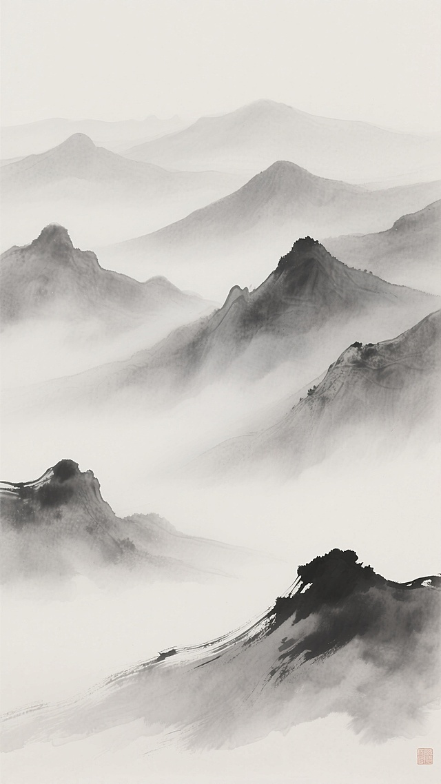 中国水墨画风格的背景，以淡墨和浓墨交织描绘层叠起伏的远山，山峰轮廓朦胧柔和，山间云雾缭绕，呈现出空灵悠远的意境。整体色调以灰白为主，通过水墨的晕染和渐变营造出层次感和空间感，笔触轻盈细腻，画面简洁素雅，留白恰到好处，展现出传统山水画的韵味和东方美学的宁静致远。