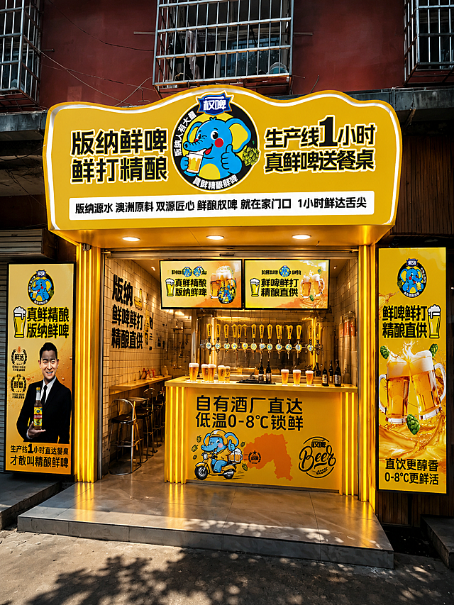 把第一张图的打酒站门楣吧台的平面设计替换到第二张图的门店门楣门头效果，将门楣外扩到水泥梁之外做成异形门楣，修改店铺内部为啤酒打酒站环境效果，吧台上的点菜单和纸杯替换修改成打酒站啤酒精酿设备和啤酒，吧台上部添加两个横版黄色系啤酒精酿电视屏，让整个店铺修改出立体感，加上发光字，在门店两边添加两个竖版的落地海报，整体风格洋气时尚，高清晰店铺视觉效果，保留第一张图里的版纳鲜啤鲜打精酿品牌视觉和大象logo