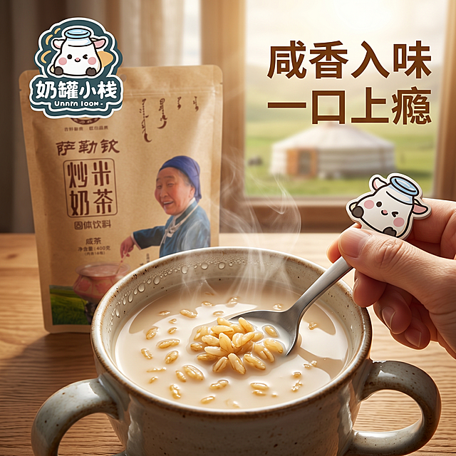 [主图-4] 冲泡体验场景主图，食欲感生活方式，第一人称抓拍视角。桌面摆放刚冲泡好的炒米奶茶，热气升腾，杯壁挂着细密水珠，手正拿起勺子搅拌，颗粒饱满的炒米清晰可见。背景放着产品包装袋，左上角放置奶罐小栈店面logo，不遮挡主体，保持包装袋外观材质颜色与原图一致。商品主体占比70%，画面满屏无边框。窗边自然暖阳逆光，氛围感十足，热气通透有层次。配色温暖柔和，棕调奶茶色搭配原木桌面。抓拍视角真实自然，景深突出奶茶主体。文字右对齐排版"咸香入味 一口上瘾"，棕色粗体清晰醒目。比例1:1，2k分辨率，超高清，文字锐利。负向提示词：变形，水印，文字错乱，产品模糊，背景杂乱。