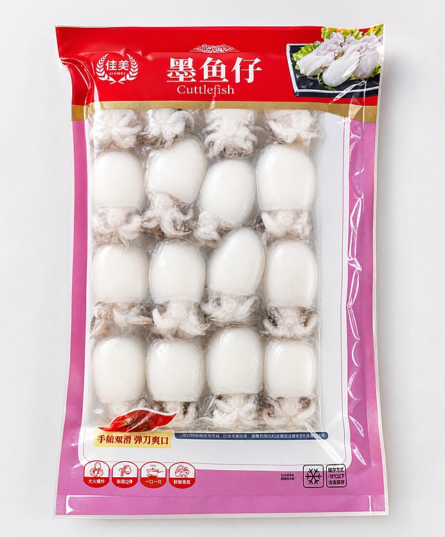 提升图片整体质感，画面更清晰明亮，色彩更鲜艳自然，修复透明包装袋的褶皱、雾气和浑浊感，让包装袋通透干净，墨鱼仔食材洁白饱满纹理清晰可见，包装文字和图案锐利清晰，去除包装表面的灰尘和污渍，专业商业食品摄影风格，光线均匀柔和，突出产品新鲜质感