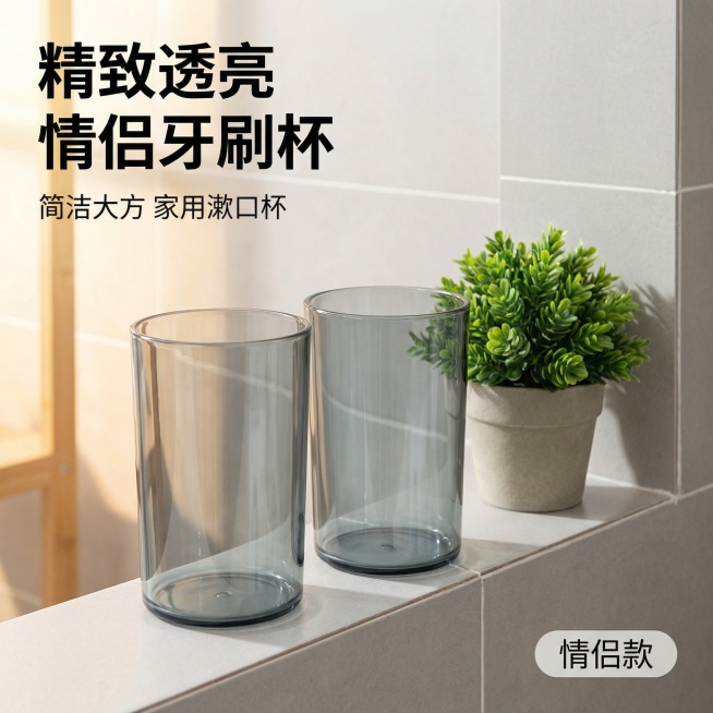 [主图 1] 透明情侣牙刷杯浴室场景展示首图
[氛围/风格] 温馨舒适家居治愈风，干净明亮自然光，简约整洁
[画面元素] 保持产品外观与原图一致，两个透明牙刷杯（烟灰色）居中摆放在浴室洗手台边缘，背景预览效果