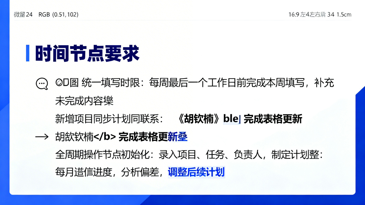 PPT页面，16:9宽屏，蓝白配色，上下左右各留1.5cm留白，居左放置标题"时间节点要求"，字体微软雅黑24号加粗，颜色深蓝色RGB(0,51,102)。保留📅 🔄 📞图标，内容左对齐，内容为预览效果