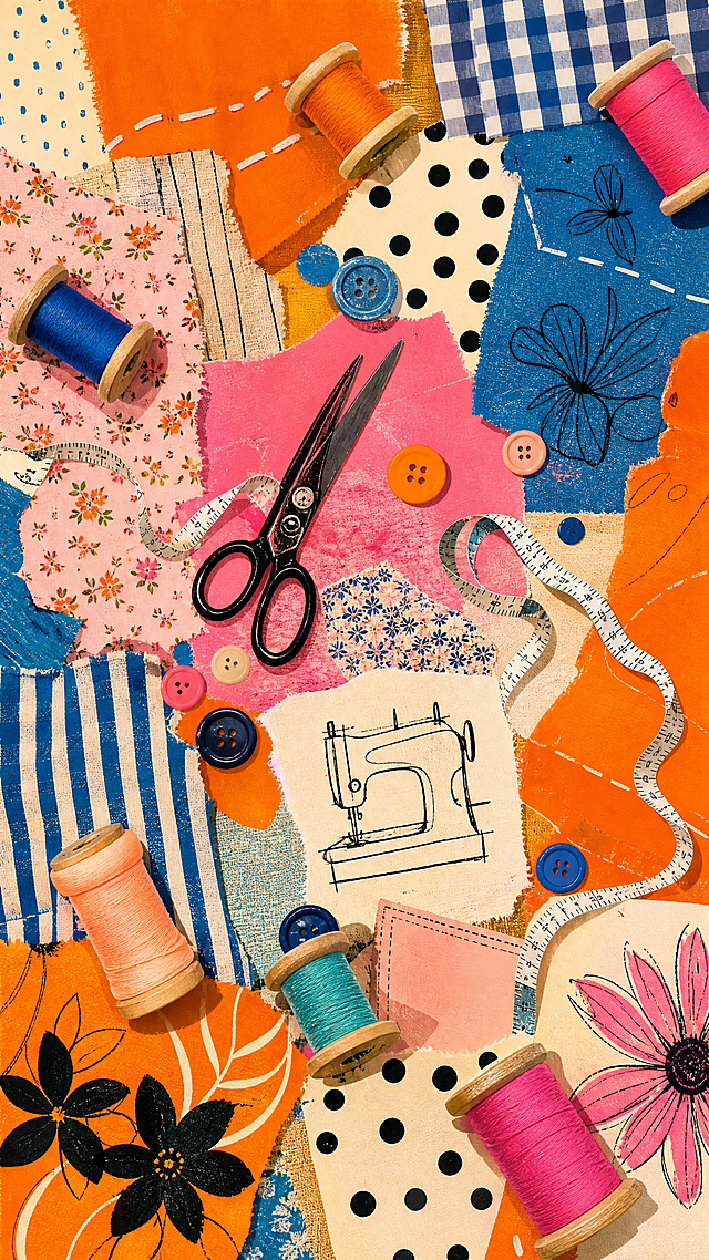 Collage art style, sewing study room theme, colorful fabric pieces overlapping each other, orange blue pink cream color palette, scattered sewing thread spools, scissors, measuring tape, buttons, playful pop-magazine aesthetic, flat lay composition, hand-drawn elements, high contrast, no text, vibrant and creative atmosphere