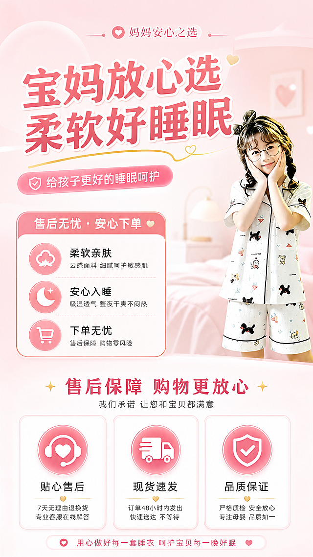 第8屏售后保障行动号召，右侧放睡衣模特小图，左侧放促销和服务信息，顶部主标题宝妈放心选 柔软好睡眠，底部展示贴心售后、现货速发、品质保证三个服务承诺，浅暖粉色背景，排版清晰文字突出，符合国内电商促销风格，9:16竖版，4K高清分辨率。