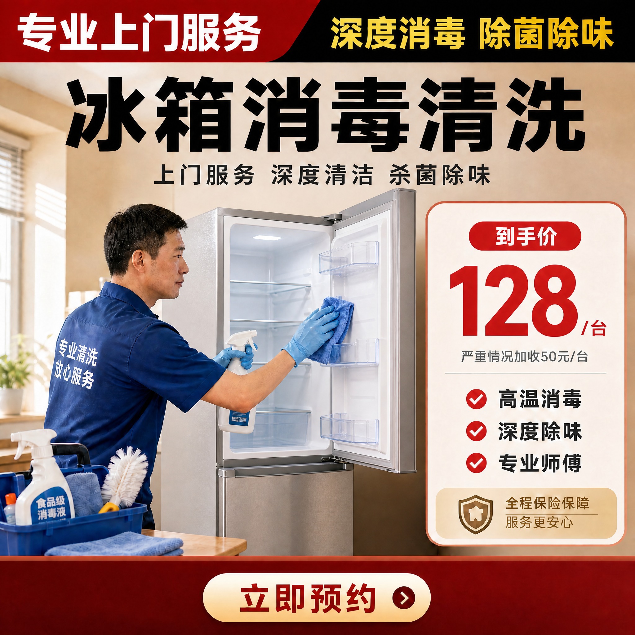 基于这张冰箱消毒清洗服务主图，做以下修改：1. 将画面中的多开… - 图片创意预览