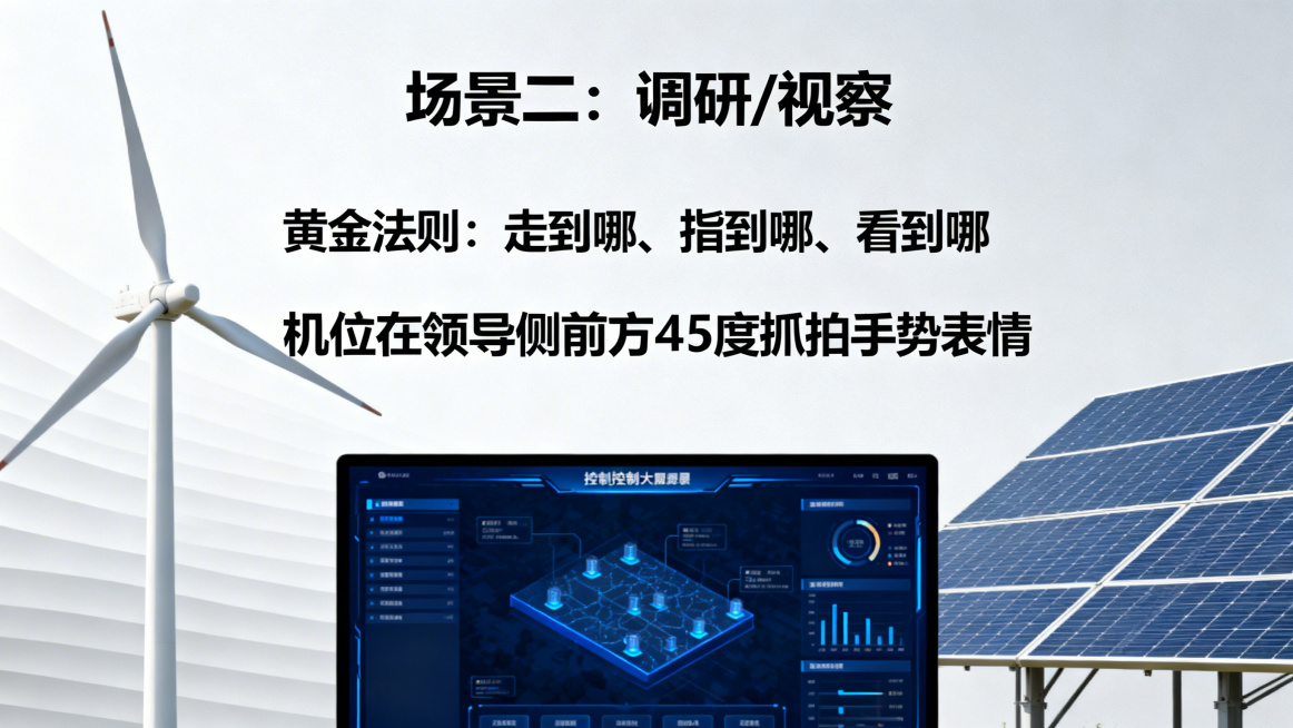 PPT内容页设计，标题："场景二：调研/视察"，内容要点：黄金法则：走到哪、指到哪、看到哪；机位在领导侧前方45度抓拍手势表情；背景需要包含新能源元素：风机、光伏板、控制大屏，商务简约风格排版预览效果