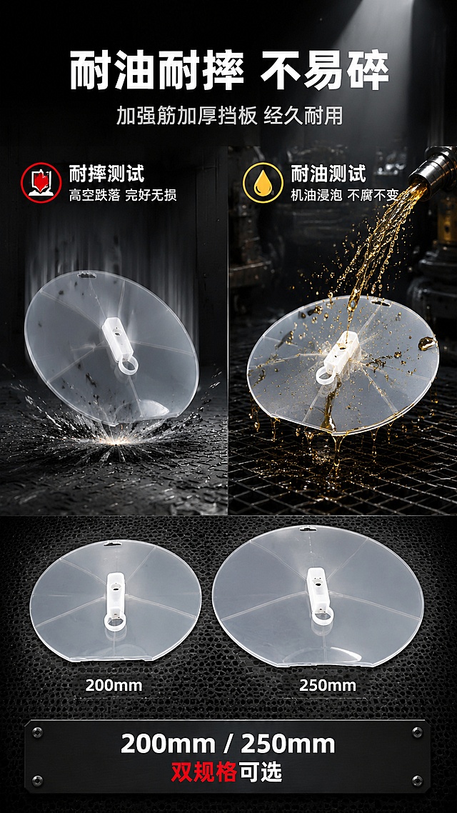 [第8屏] 详情页耐摔耐油测试-防尘罩耐用性能验证。本屏使用【图1】的200mm与250mm两款防尘罩作为产品主体。
[氛围/风格] 工业性能测试风，硬核实验感，深灰底高对比，专业可信。
[元素布局] 画面左右分两部分测试展示，左侧「耐摔测试」：防尘罩从高处落下撞击金属地面的动态瞬间，地面有撞击痕迹，防尘罩完好无损无裂纹；右侧「耐油测试」：防尘罩表面喷洒工业机油，油珠滚落，挡板不腐蚀不变形，透明清晰；底部横放两款尺寸防尘罩并排展示，标注200mm与250mm；背景为深灰色工业实验室质感，地面为金属网格板。
[光影质感] 顶部聚光式硬光，突出撞击动态与油珠反光，产品立体感强，整体冷调工业光。
[配色色系] 全局底色 #333333 深灰；主色 半透明白色防尘罩；辅助色 黑色文字、白色标签；点缀色 红色测试标识、金黄色油珠。
[视角构图] 上下结构，上部左右双测试场景，下部产品展示，阅读动线标题 → 双测试 → 产品结论。
[文字版式] 版式为顶部大标题 + 左右双测试 + 底部产品+结论。主标题「耐油耐摔 不易碎」，白色粗黑体；副标题「加强筋加厚挡板 经久耐用」，浅灰色中号字；左侧测试标签「耐摔测试」+「高空跌落 完好无损」，红色图标+白色文字；右侧测试标签「耐油测试」+「机油浸泡 不腐不变」，黄色油滴图标+白色文字；底部两款产品旁标注「200mm / 250mm 双规格可选」。
[比例分辨率] 9:16 竖版比例，4K分辨率，文字清晰可辨，高清画质。
[负向提示词] 产品变形，结构错误，裂纹破损错误，水印，文字错乱，文字过小，颜色偏差。