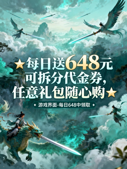 将以下文字生成3张宣传图片 ：‘御剑红尘0.1折’为正标题“回合仙侠手游”为副标题 3张图片福利字不一样 旗舰高品质回合，充值永久0.1折，648只需6.48元！
★开局送特权8，再送3240元充值、预览效果