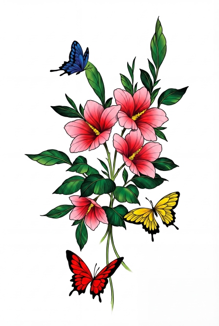 给花卉蝴蝶纹身线稿渲染高饱和度鲜艳彩色：所有花朵花瓣填充大红色渐变浅粉红，花心鹅黄色，叶片深翠绿色，枝干嫩绿色，三只蝴蝶分别填充为宝蓝、明黄、正红鲜艳纯色，翅膀边缘黑色描边；整体保持竖向构图，保留纯白预览效果