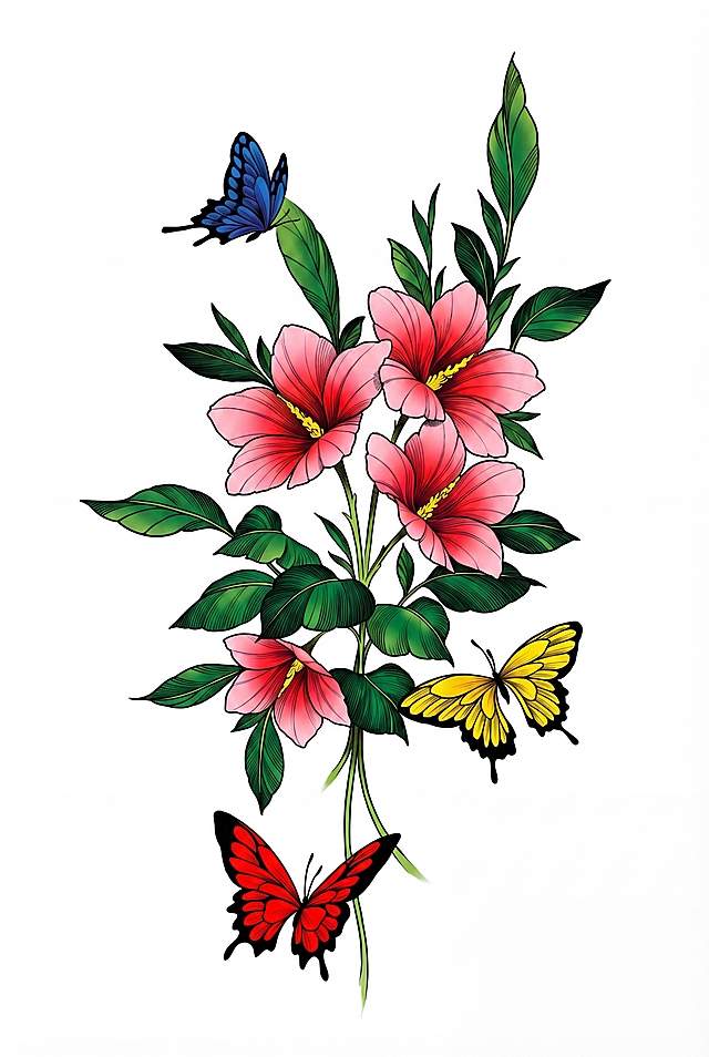 给花卉蝴蝶纹身线稿渲染高饱和度鲜艳彩色：所有花朵花瓣填充大红色渐变浅粉红，花心鹅黄色，叶片深翠绿色，枝干嫩绿色，三只蝴蝶分别填充为宝蓝、明黄、正红鲜艳纯色，翅膀边缘黑色描边；整体保持竖向构图，保留纯白色背景，色彩浓郁饱和对比强烈，符合纹身风格，保留所有线条细节