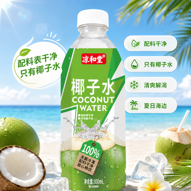 凉和堂椰子水产品，配料表干净只有椰子水卖点，海边沙滩小清新场景，电商主图展示产品，整体清新夏日风预览效果