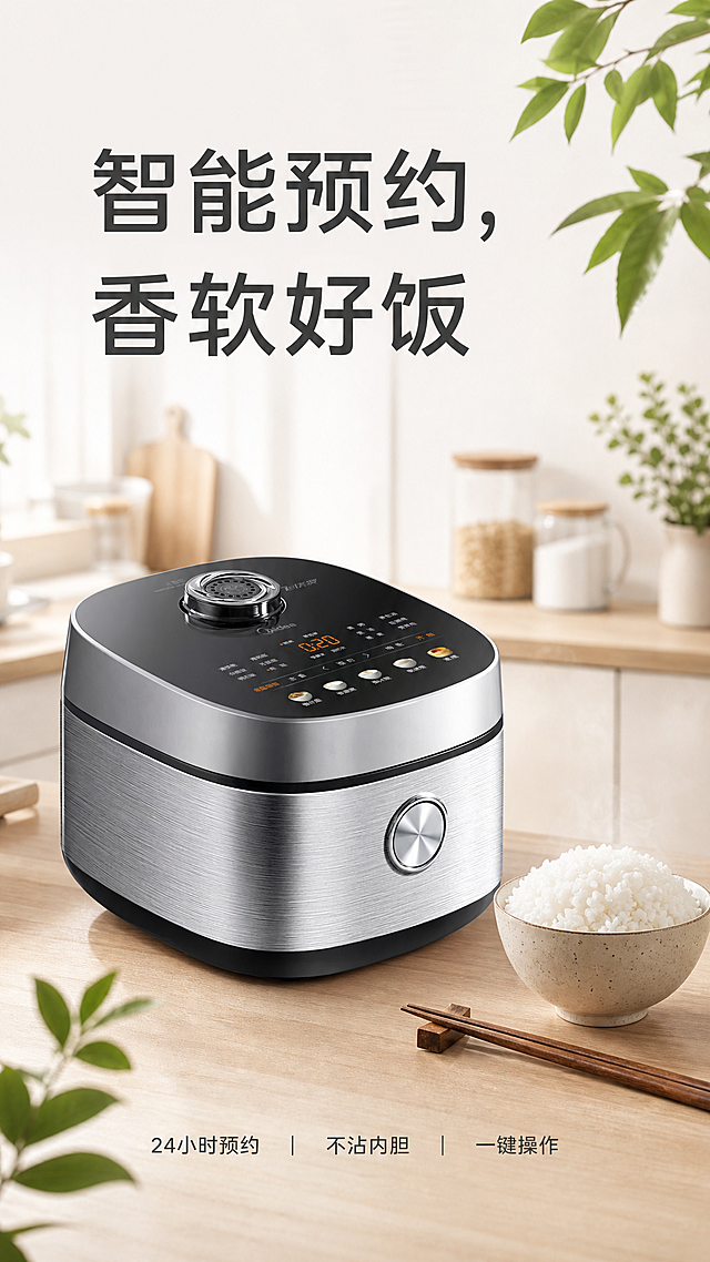 现代简约风格电饭煲电商海报，竖版9:16。画面中下部偏左放置一台银色拉丝金属质感的电饭煲，100%还原上传商品图的产品外形、结构、比例、材质质感、颜色与正面控制面板布局，电饭煲主体占画面约55%。电饭煲右侧摆放一碗香喷喷的白米饭，米饭颗粒饱满有光泽，碗边放一双木质筷子。场景为明亮整洁的厨房台面，浅木色台面，白色墙面，背景虚化，右上角和左下角有绿色植物叶片点缀，营造温馨家庭氛围。柔和自然光从侧前方照射，阴影柔和，整体干净诱人。画面上方大字标题："智能预约，香软好饭"，字体简洁现代，深灰色；画面下方小字："24小时预约 | 不沾内胆 | 一键操作"，分三行或一行排列，字体较小但清晰可读。主色调白色与浅木色，整体画面干净温馨诱人，突出产品便捷与美味。版式精美，文字不遮挡产品主体，四周留有安全边距。画面中所有数字必须精确渲染，不得错位、遗漏或编造。