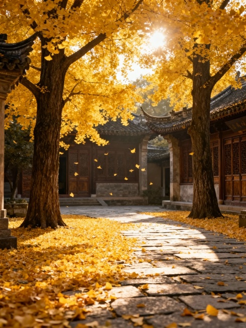 温暖明媚的秋日午后，阳光透过金黄的银杏树叶在古老的青石板路上洒下斑驳光影，地面铺满厚厚的金色落叶，几棵粗壮的银杏树矗立在画面两侧，背景是古朴的中式建筑飞檐与木质门窗，金黄的银杏叶在微风中轻轻飘落，整个场景洋溢着宁静祥和、诗意唯美的秋日氛围，色彩以暖黄色为主调，光影柔和明亮，画面层次丰富，充满自然与人文交融的东方美学意境。预览效果