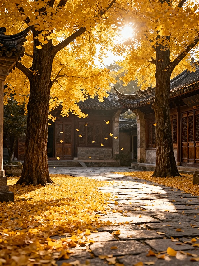 温暖明媚的秋日午后，阳光透过金黄的银杏树叶在古老的青石板路上洒下斑驳光影，地面铺满厚厚的金色落叶，几棵粗壮的银杏树矗立在画面两侧，背景是古朴的中式建筑飞檐与木质门窗，金黄的银杏叶在微风中轻轻飘落，整个场景洋溢着宁静祥和、诗意唯美的秋日氛围，色彩以暖黄色为主调，光影柔和明亮，画面层次丰富，充满自然与人文交融的东方美学意境。