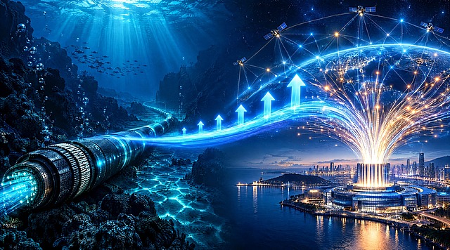 光通信海洋科技感封面图，主题为光纤龙头企业海底光缆与光通信双赛道布局。画面左侧是深海中的海底光缆，光缆在深蓝色海水中延伸，发出柔和的蓝绿色光芒，周围有海洋光影和气泡效果；画面右侧是精密的光纤通信网络，光纤束发出绚丽的光点，向天空延伸。中间由一条发光的光带连接两大场景，光带上有上升的箭头象征资本投入与增长。背景上半部分是科技感的通信网络天空，下半部分是深海场景，上下呼应下海与追光的双主题。整体风格大气、科技感强、视觉冲击力强，适合作为微信公众号产业财经类文章头图