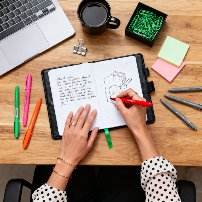 正上方俯拍的现代办公桌面场景，一双手正拿着红色圆珠笔在黑色硬壳笔记本上书写绘图，笔记本内有英文手写笔记和绿色书签。桌面摆放银色笔记本电脑、黑色咖啡杯、银色长尾夹、装满绿色回形针的黑盒、三张彩色便利贴。预览效果