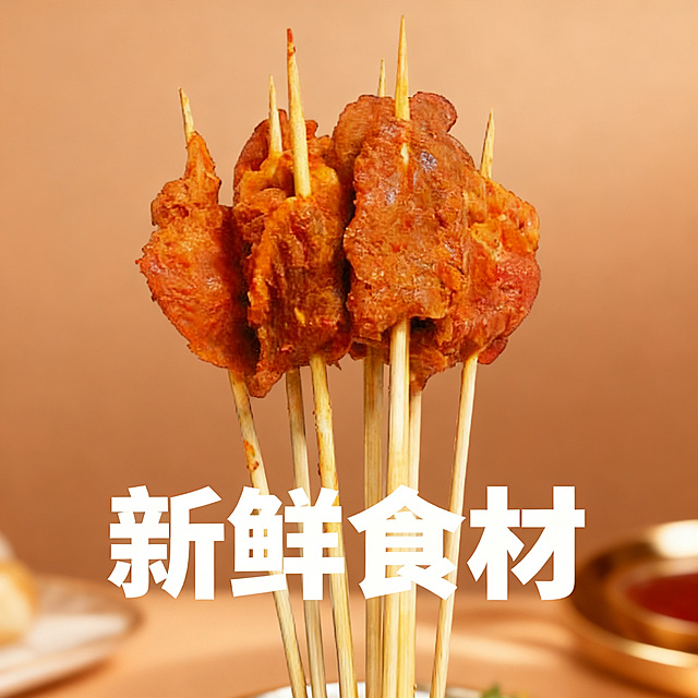 将原图片的鸡肉块串放到淡棕色高级食欲场景中，在图片上添加文字"新鲜食材"，商品是鸡肉块串，风格高级有食欲，适配淘宝天猫平台，比例1:1