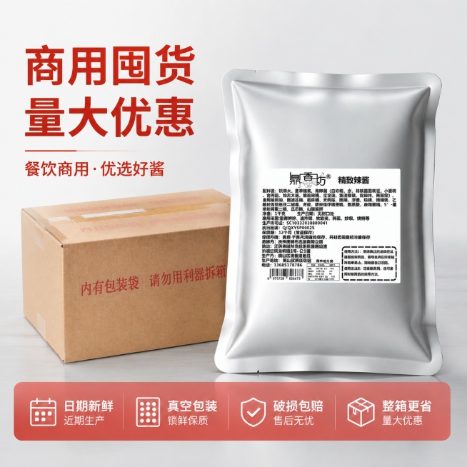 [主图-8] 服务承诺，促进转化下单。[氛围风格] 简洁干净，信任感强。[画质] 商业摄影质感、光线柔和通透、产品清晰真实、画面干净高级。[元素] 袋装辣酱和整箱包装斜拼展示，保持产品外观与原图一致，预览效果