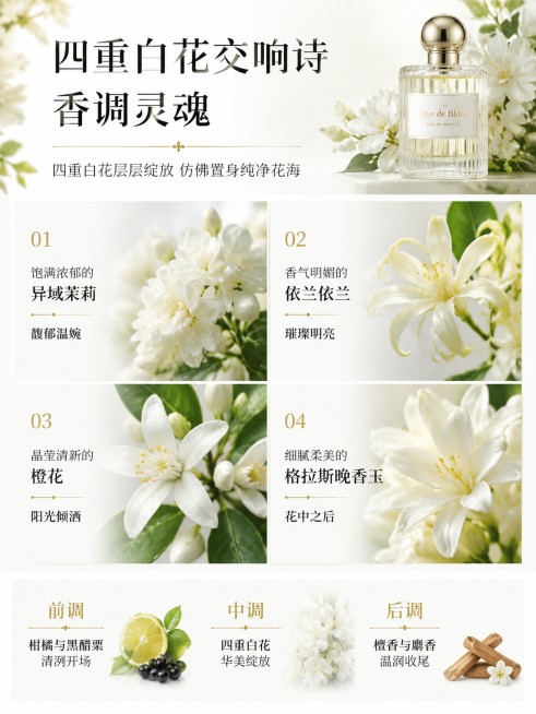 [第3屏] 香调解析板块，介绍四重白花香调层次。
[氛围/风格] 清新自然浪漫风，浅白花艺氛围感，高级摄影质感。
[元素布局] 顶部大标题，下半部分四格网格展示四种白色花卉：茉莉、依兰依兰、橙花、晚香预览效果