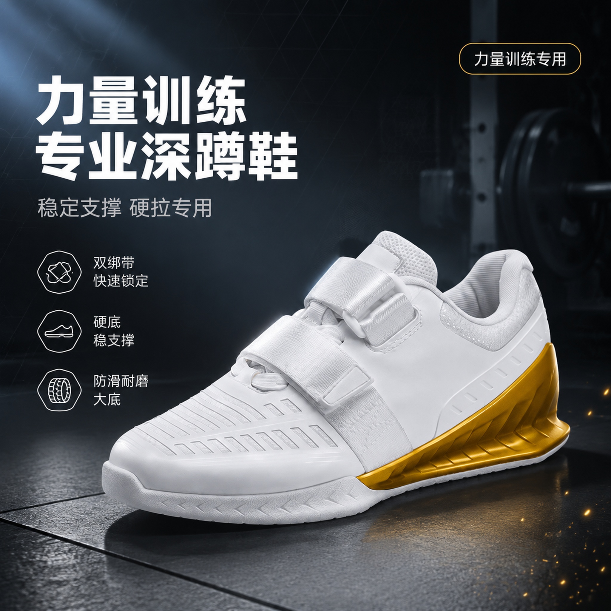 [单张主图] 专业深蹲硬拉训练鞋（白金配色魔术贴款）高级氛围感… - 图片创意预览