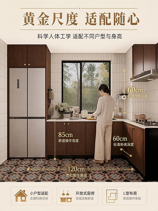 [第7张] 空间尺度页·索菲亚弗洛Pro橱柜操作高度与占地适配。本张使用【图1】作为厨房空间主体，标注人体工学尺度数据。
[氛围/风格] 专业空间尺度解析，清晰直观，高级质感，数据可视化。
[元素布局] 画面主体为【图1】中的中古风厨房侧视角，一位亚洲女性站在操作台前（背影/侧影），用虚线与数字标注关键尺度：台面高度约85cm、吊柜底部距台面约60cm、地柜深度约60cm、操作通道宽度约120cm；台面放置常用小家电（咖啡机、面包机）展示操作空间；橱柜外观与颜色与【图1】完全一致。
[光影质感] 均匀柔光照明，空间通透，尺度标注线清晰可见，整体明亮专业。
[配色色系] 全局底色暖米白#EDE4D3，主色胡桃木棕#6B4423，标注线与数字金色#C9A25C，辅助色奶白#F8F4EC。
[视角构图] 侧面视角，人物与橱柜形成尺度参照，虚线标注贯穿画面；阅读动线顶部标题→中部空间尺度标注→底部利益点总结。
[文字版式] 顶部大标题「黄金尺度 适配随心」，思源宋体 Bold；副标题「科学人体工学 适配不同户型与身高」，思源宋体 Regular；各尺度线旁标注数字与说明「85cm 舒适操作高度」「60cm 合理吊柜间距」「60cm 标准柜体深度」「120cm 宽松操作通道」；底部三个户型适配标签「小户型适配」「开放式厨房」「L型布局」，思源黑体 Regular。
[比例分辨率] 3:4竖版比例，4K分辨率，文字清晰可辨，高清画质。
[负向提示词] 尺度标注错误，柜体变形，文字模糊，水印，颜色偏差。