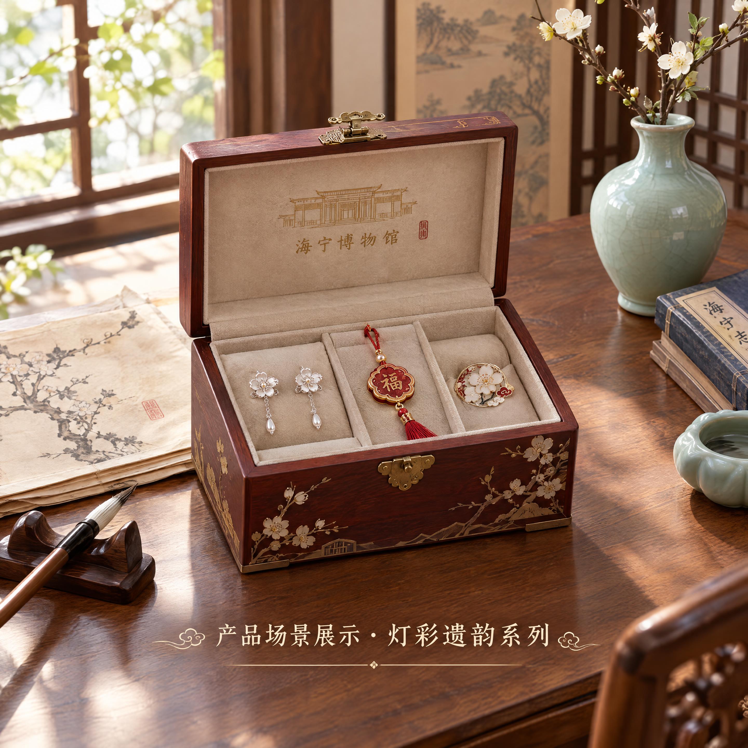 海宁博物馆文创产品场景应用效果图，打开状态的古风首饰盒放在中式… - 图片创意预览