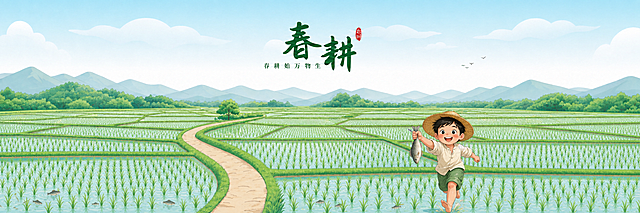 参考原图风格，保持春耕文字标题、远山不变，增加所有秧苗田里秧苗的密度，在秧苗田水中添加活泼游动的小鲫鱼，在右下角田埂位置添加一个手拿抓到鱼、迎面跑来的小朋友，整体保持清新绿色春日田园插画风格，横幅构图不变