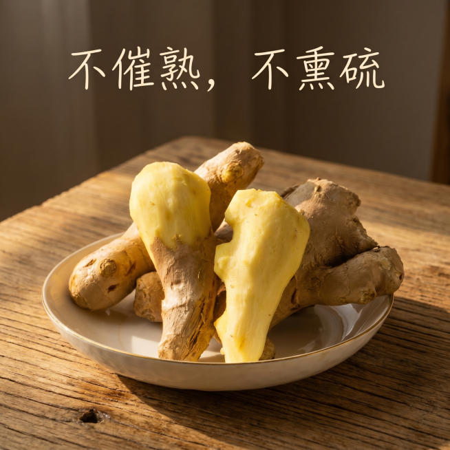 保持图中生姜和白盘产品本身不变，只修改背景为原木桌面，光影层次丰富，温馨治愈风格，图片顶部添加文字“不催熟，不熏硫”预览效果