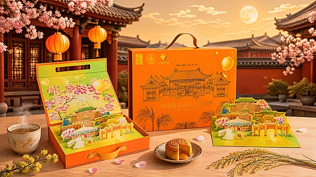 将这张中秋礼盒商品图改为横版构图，画面内容和元素全部保留，仅调整构图比例和布局。
横版16:9宽幅构图，产品和场景元素重新排布以适应横向画面：左侧为打开的立体礼盒和茶杯、月饼小碟，中间偏后为闭合橙色手提礼盒，右侧为立体贺卡摆件，背景横向展开中式庭院建筑、灯笼、樱花枝和满月，桌面横向延伸，稻穗、花瓣等点缀元素分布更舒展。
所有产品外观、颜色、材质、图案、光影风格、中秋氛围全部保持不变，仅调整为横版宽幅布局。