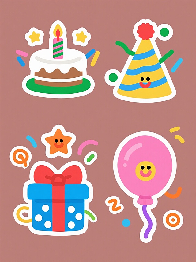 一套四个不同元素的系列素材集合，每个元素均采用扁平风格设计，线条简洁圆润，色彩鲜明饱和，规整排布于纯色背景上。第一个元素是生日蛋糕，绿色边框白色奶油，顶部插着红色带绿色条纹的点燃蜡烛，周围有黄色星星和彩色线条装饰；第二个元素是礼物盒，蓝色方形盒子配红色蝴蝶结，盒身有白色圆点图案，周围点缀橙色五角星和弧线；第三个元素是派对帽，黄色锥形帽顶有红色绒球，帽身有蓝色波浪条纹，周围环绕绿色圆点和短线；第四个元素是气球，粉色圆形气球系着紫色绳子，气球上有黄色笑脸，周围分布橙色螺旋线和蓝色小点。所有元素均保持一致的可爱卡通风格，表情生动，构图均衡，色彩搭配协调且每个元素整体色彩各不相同，形成系列感。