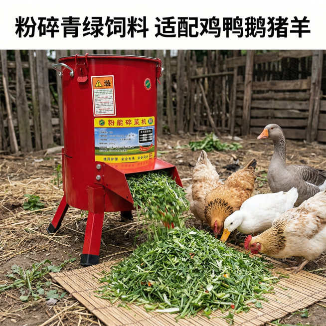 基于原图的红色多功能碎菜机，生成使用场景体验主图，展示碎菜机完成粉碎后，新鲜碎草料从出料口输出，旁边放置着采食的鸡鸭，还原真实饲喂使用场景，自然户外光线，画面氛围真实生活化，产品主体位于画面中左侧，右预览效果