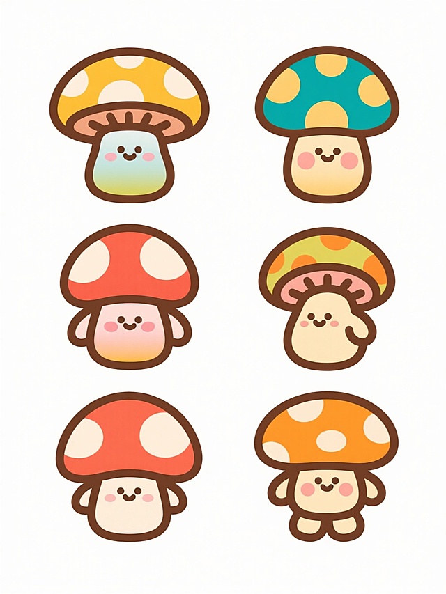 6个不同品种、不同样式、不同外观的卡通蘑菇，每个蘑菇都有拟人化的可爱表情和简单肢体，采用圆润的线条和鲜艳的色彩，边缘有明显的棕色描边，蘑菇伞盖和菌柄有渐变色彩和圆形斑点装饰，整体风格为扁平插画，排列整齐地分布在纯白色背景上，每个蘑菇造型独特，充满童趣和活力。