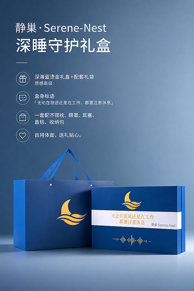 重新设计静巢睡眠礼盒详情图：简洁风格，雾霾蓝色背景，突出产品主体。添加文案：【静巢·Serene-Nest 深睡守护礼盒】- 深海蓝烫金礼盒+配套礼袋，质感高级 - 盒身标语「无论在旅途还是在工作，都要注意休息」 - 一套配齐颈枕、眼罩、耳塞、盖毯、收纳包 - 自用体面，送礼贴心。文字排版简洁清晰，使用白色或浅灰色字体，位置合理不遮挡产品。