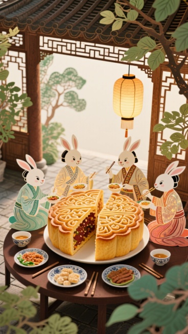 俯视，画面中心是打开的巨型月饼内部，周围有四个穿中式服饰的拟人化兔子围坐在一起吃饭，背景为中式庭院（含木质建筑、悬挂的中式灯笼），周围摆放盛有食物的传统餐具与绿植预览效果