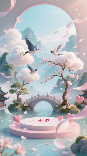 七夕氛围电商展台，正视图，朦胧的山水景致，微缩艺术里的中式山水，云朵和花枝组合的鹊桥，花瓣、飘带、爱心，色彩明亮柔和饱和度高，梦幻浪漫的仙气氛围预览效果