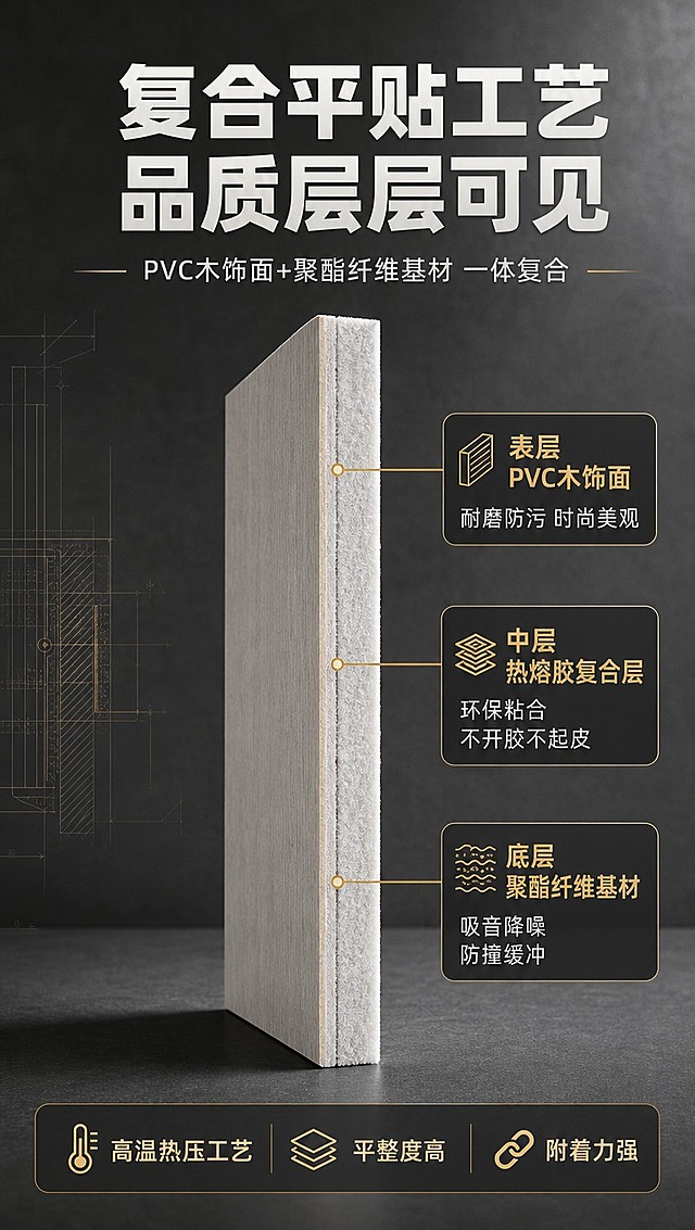 [商品] 使用【图4】木饰面聚酯纤维吸音板侧面厚度展示图；保留浅灰色聚酯纤维基材、层压结构、板材厚度；商品处理：去除背景杂物与手部，保留产品原貌，增强侧面层压结构清晰度，不改变产品厚度和结构。
[画面] 第三屏产品工艺介绍，目标是展示复合平贴工艺的结构优势。产品侧立放大居中，占画面50%，用引线标注各层结构；上下分布工艺说明文字；背景为深灰色工业风，有微弱的技术线稿装饰。
[视觉] 套系策略：风格=沉稳大气B端工业风商业摄影；标题字=粗黑无衬线黑体；正文字=简洁无衬线中黑体；主色=深炭灰+胡桃木棕；背景延展=深炭灰渐变到中灰，带细腻水泥质感纹理；强调色=暖金色，仅用于小面积图标、引线和重点标签；标题色=米白色；正文色=浅灰色；组件=深色圆角信息卡、细金色引线、线性图标；光影=正侧光，突出板材厚度和层压结构层次。
[文字] 顶部主标题"复合平贴工艺 品质层层可见"，副标题"PVC木饰面+聚酯纤维基材 一体复合"；用引线从产品侧面引出标注：表层「PVC木饰面」耐磨防污 时尚美观；中层「热熔胶复合层」环保粘合 不开胶不起皮；底层「聚酯纤维基材」吸音降噪 防撞缓冲；底部补充"高温热压工艺·平整度高·附着力强"，文字全部横排。
[规格] 图片比例9:16竖版，4K分辨率，避免变形、错字、文字过小、冷蓝背景、产品颜色改变、结构失真、极限词。