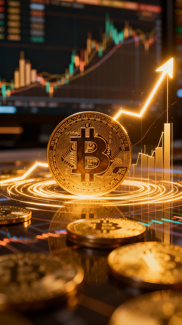 Bitcoin rising upward with glowing growth lines, abstract financial charts, golden light trails, success and wealth concept, cinematic depth, high realism,