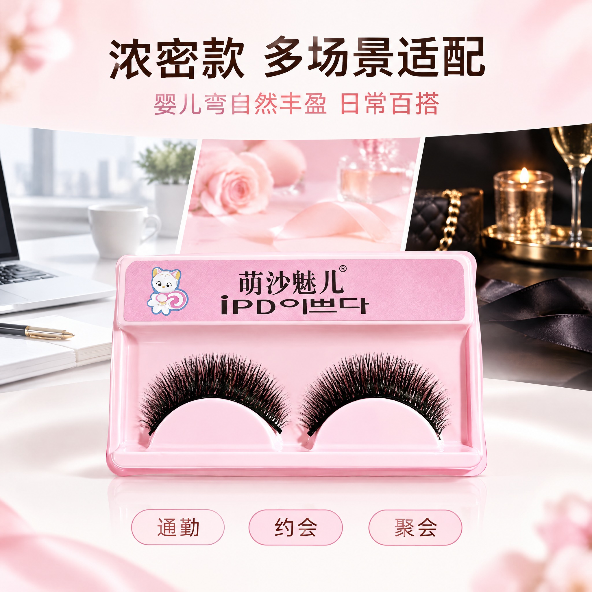 萌沙魅儿婴儿弯浓密款假睫毛主图第五张，多场景适用展示。整体粉白… - 图片创意预览