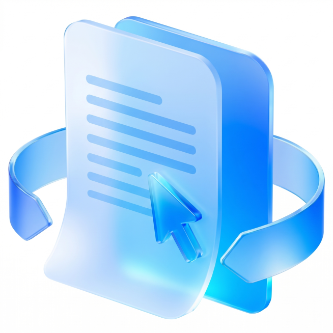 生成一个3D蓝色磨砂玻璃风格的数据填写主题图标，保持和参考图片相同的风格：半透明蓝色玻璃质感，蓝色渐变，包含带文本行的文档和填写光标元素，白色透明背景，符合商务软件图标的设计，3D等距视角预览效果