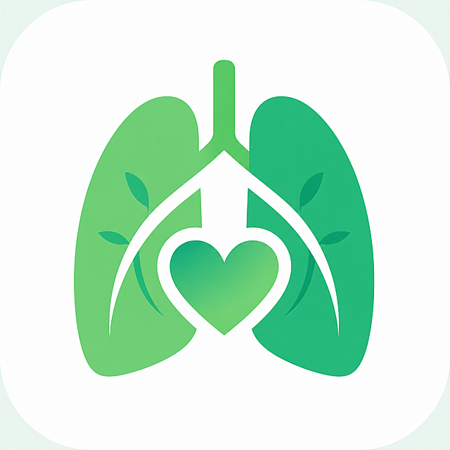 健康生活主题的戒烟APP logo，极简现代风格，图形化设计，使用交叉的肺叶和爱心符号，绿色健康配色，扁平化图标，无文字，专业干净