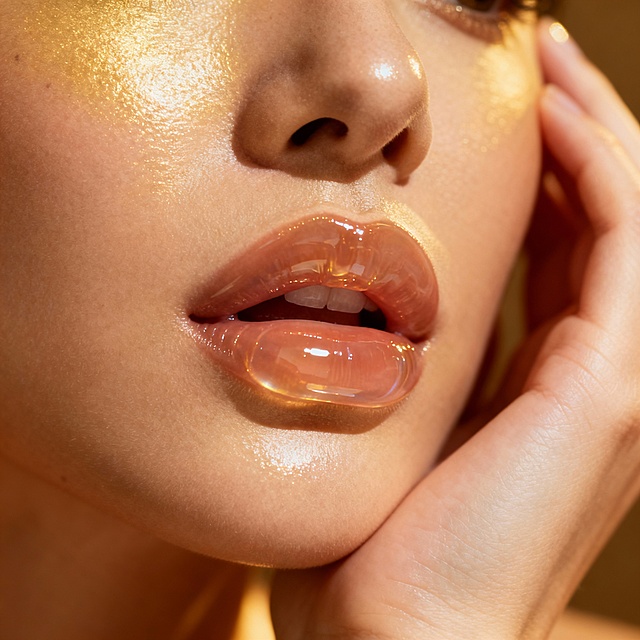 唇釉上嘴效果特写，搭配手部托腮动作，突出温柔气质